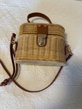 Woven Straw Crossbody Bag with Tan Leather Trim